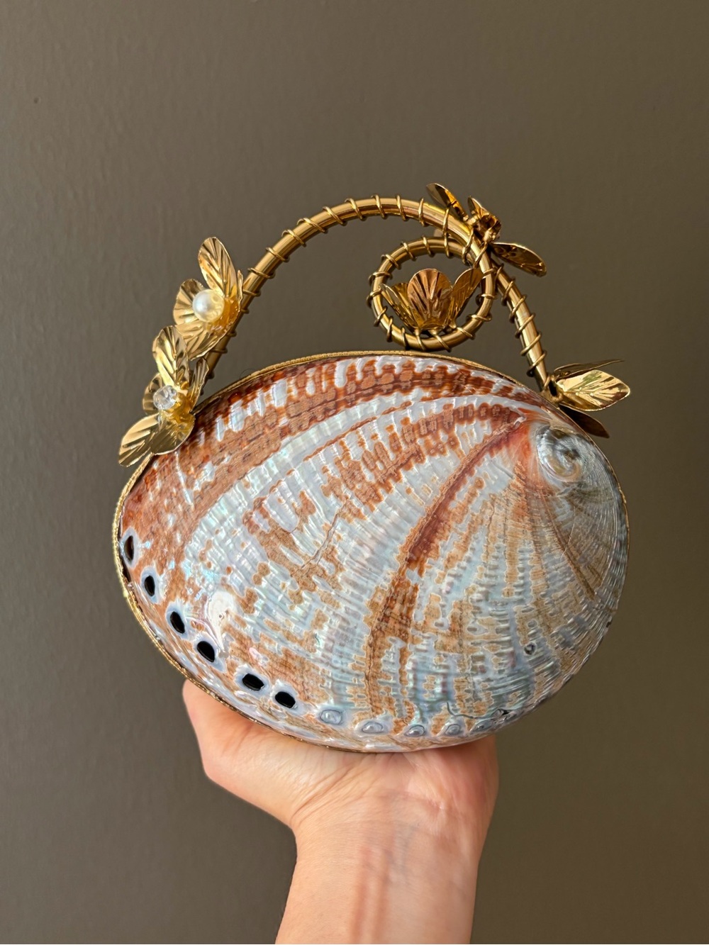 Gold-Handle Natural Shell Handbag - Brown & Cream